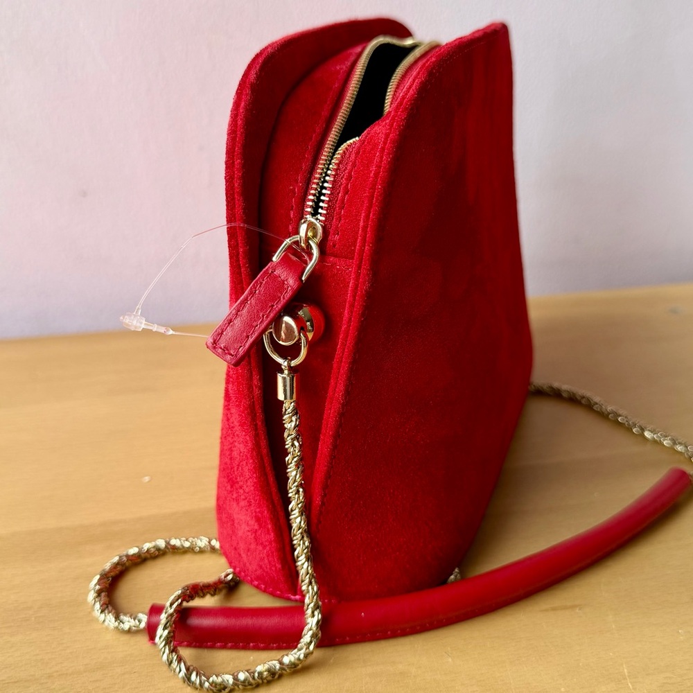 SEZANE RED SUEDE ZIP TOP SHOULDER BAG GOLD COLR METAL CHAIN LEATHER STRAP UNUSED - Picture 8 of 16